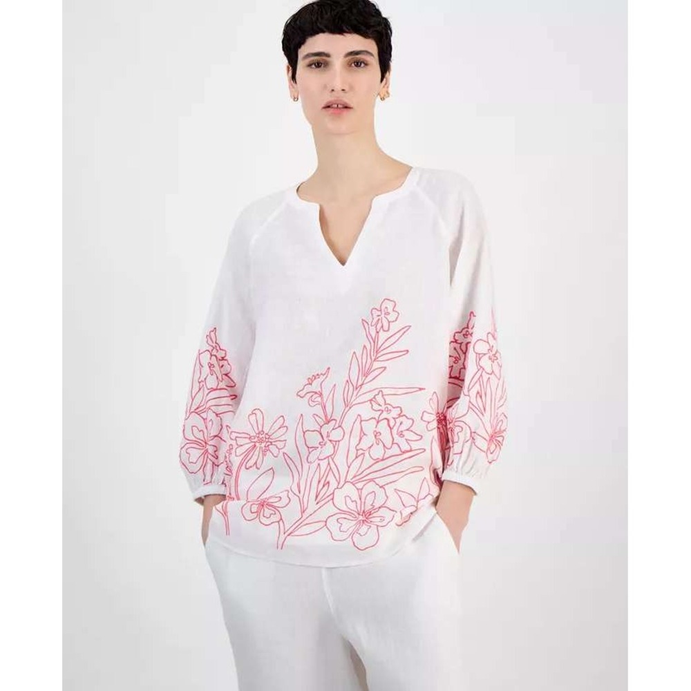 Charter Club Embroidered Linen Top Bright White Petite XL
